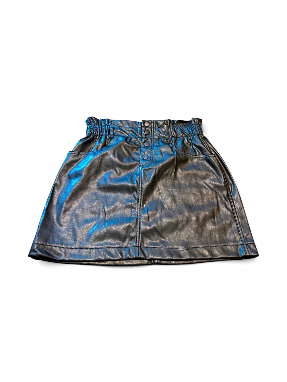 CI SONO Women's Black Faux Leather Mini Skirt High Rise Buttons Pockets L